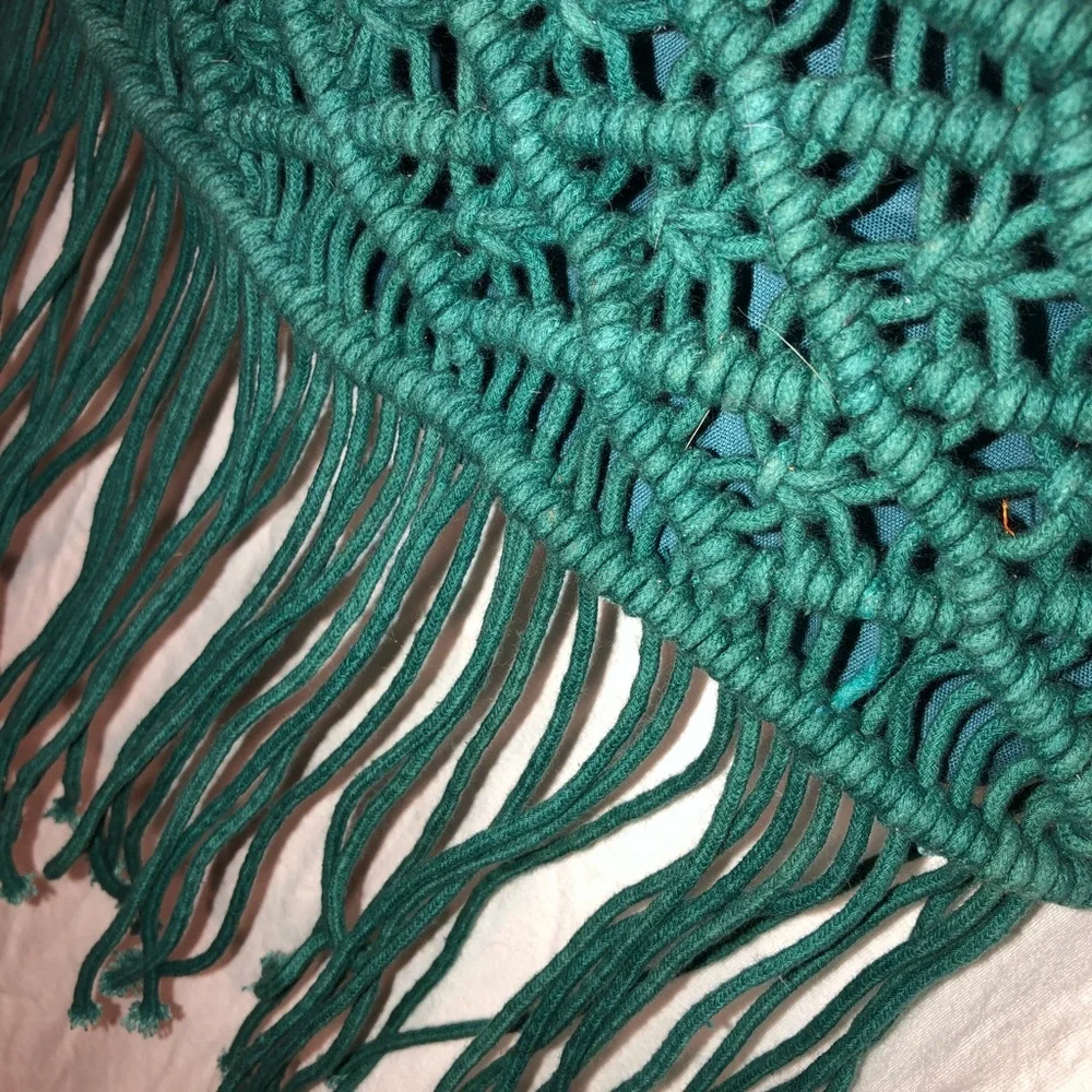 Roberta Roller Rabbit fabulous teal all crochet woven Fringe trim pillow…